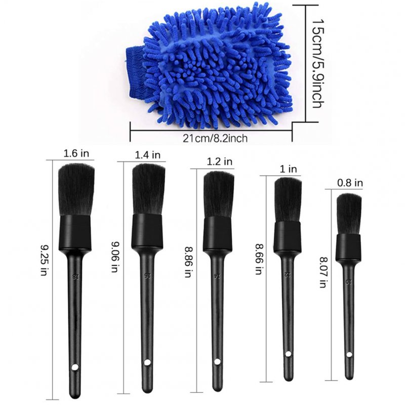 6pcs Detailing Brush Set 5 Different Sizes Auto Detail Brush Kit with Free Car Wash Mitt Natural Boar Hair Brushes 