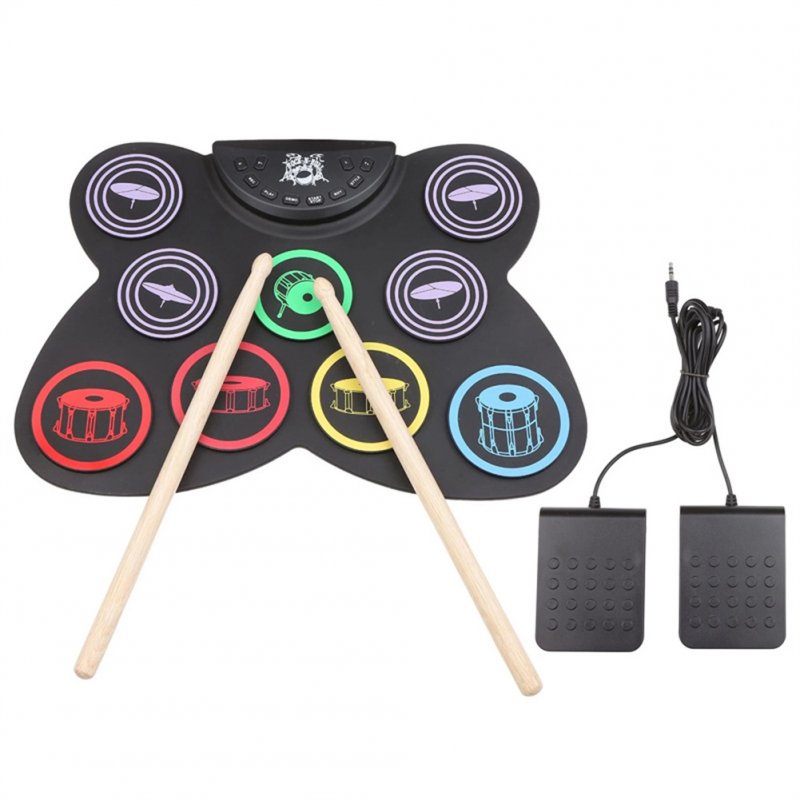 Hand Roll Electronic Drum Set Foldable Silicone Roll Up Drum Pad With Drumsticks Foot Pedals For Beginner Practicing 