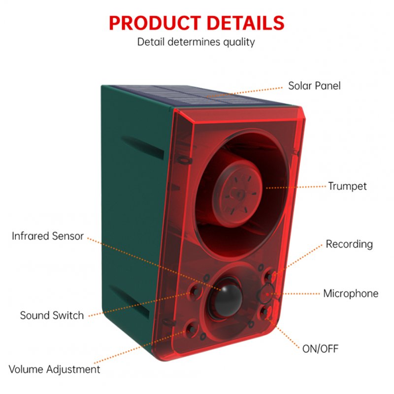 Solar Alarm Animal Driver Security Siren 3 Levels Adjustable Volume Infrared RC Led Strobe Light 
