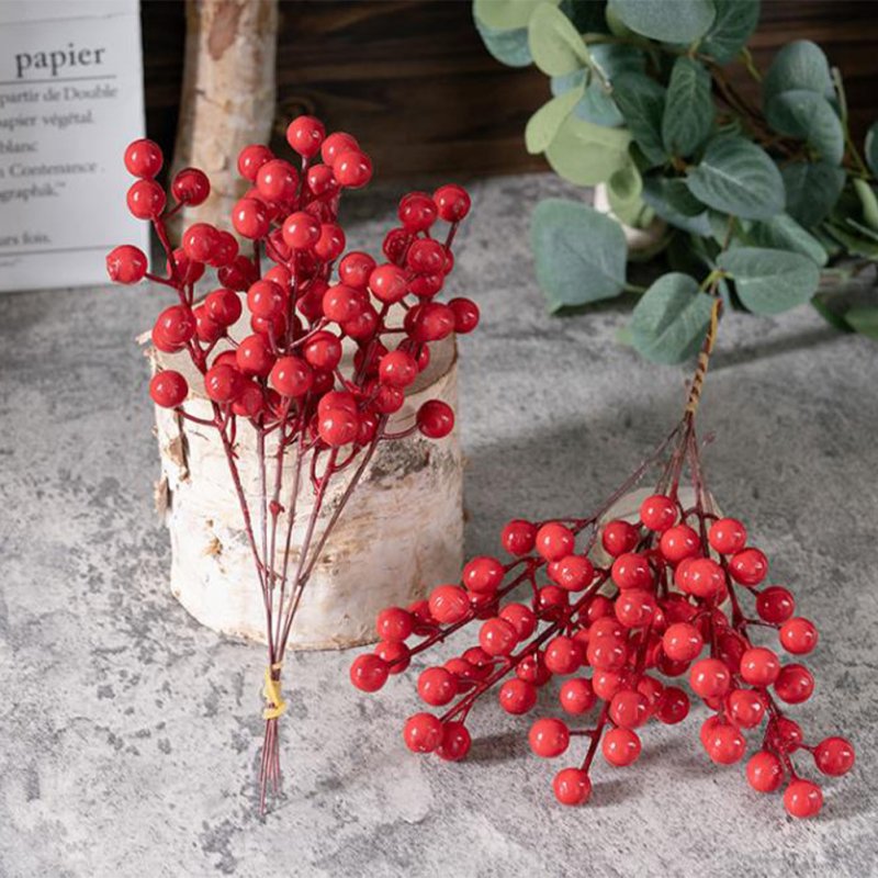 6 Heads 5pcs/Bunch Artificial Berries Branch Fake Plants Flowers Bouquet DIY Wreath Supplies Accessories For Christmas Party Home Decor 