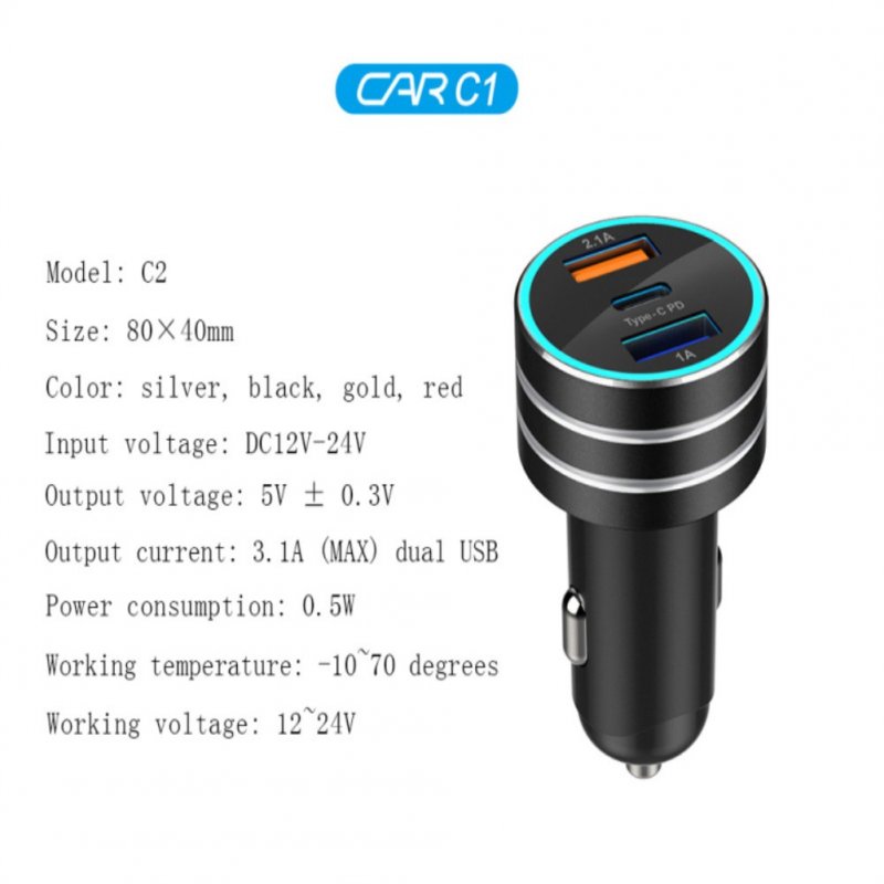 3.1A Dual USB Vehicle Charger TYPE-C Charge Interface Fast Car Charger 