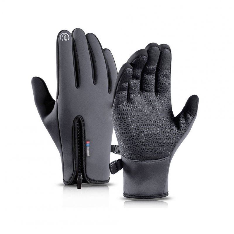 Motorcycle Riding Gloves Zipper Design Non-slip Windproof Fleece Lined Warm Gloves for Men Women Grey M