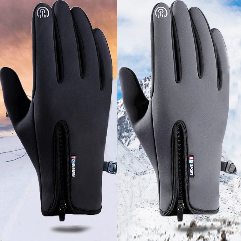 Motorcycle Riding Gloves Zipper Design Non-slip Windproof Fleece Lined Warm Gloves for Men Women Grey M