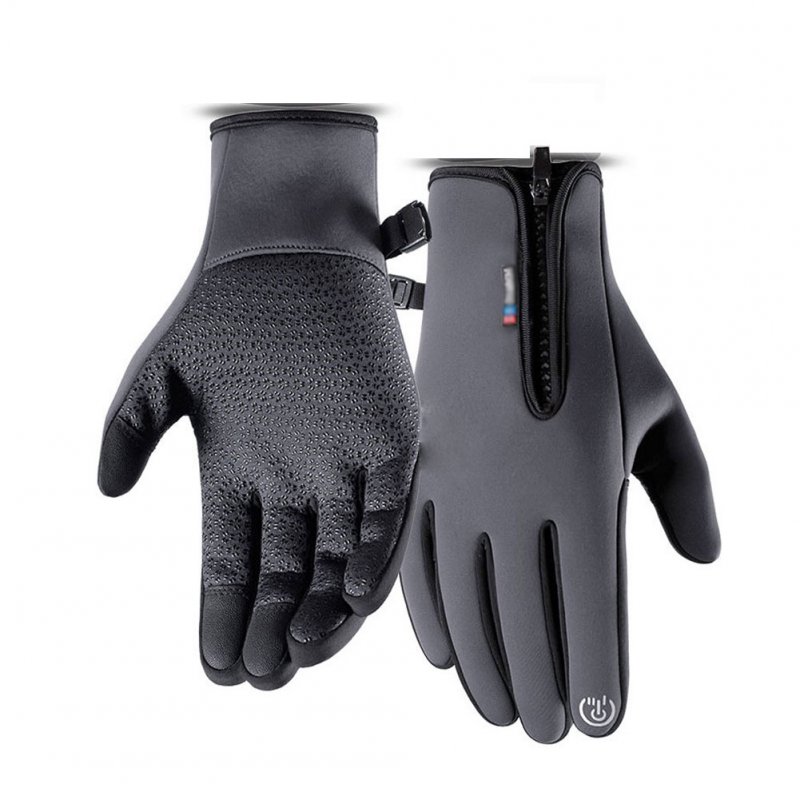 Motorcycle Riding Gloves Zipper Design Non-slip Windproof Fleece Lined Warm Gloves for Men Women Grey M