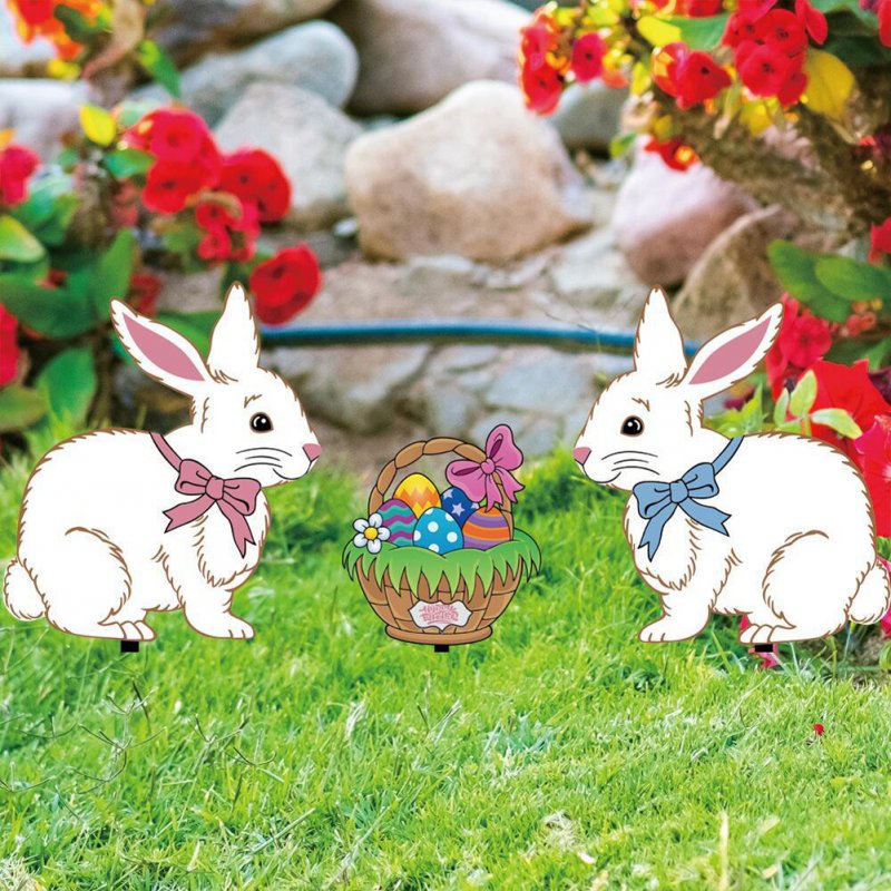 3pcs Easter Bunny Egg Basket Acrylic Yard Stakes Double Sided Pattern Yard Signs For Outdoor Festival Decorationn 