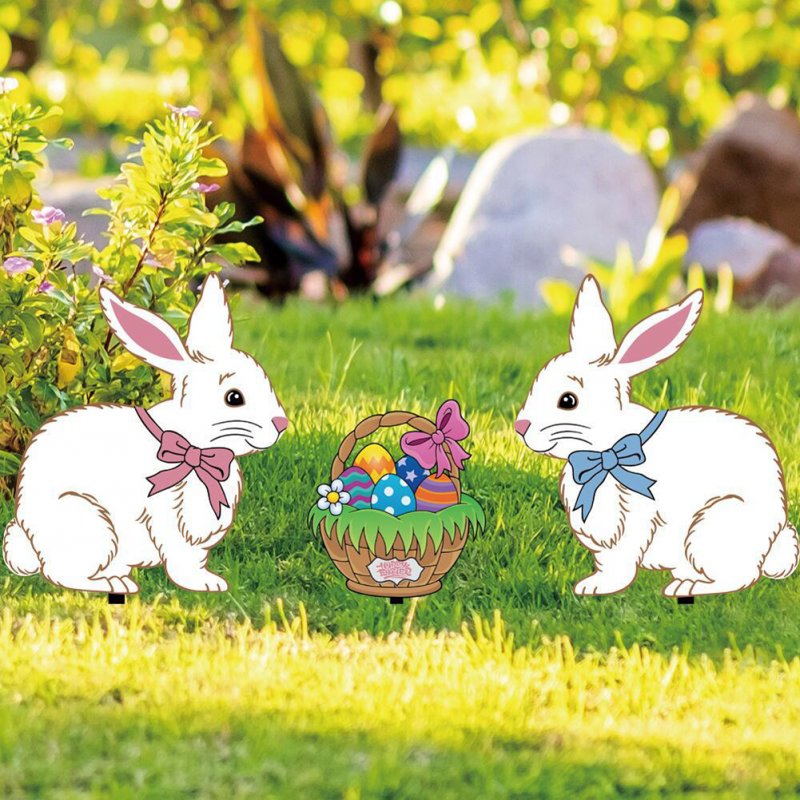 3pcs Easter Bunny Egg Basket Acrylic Yard Stakes Double Sided Pattern Yard Signs For Outdoor Festival Decorationn 