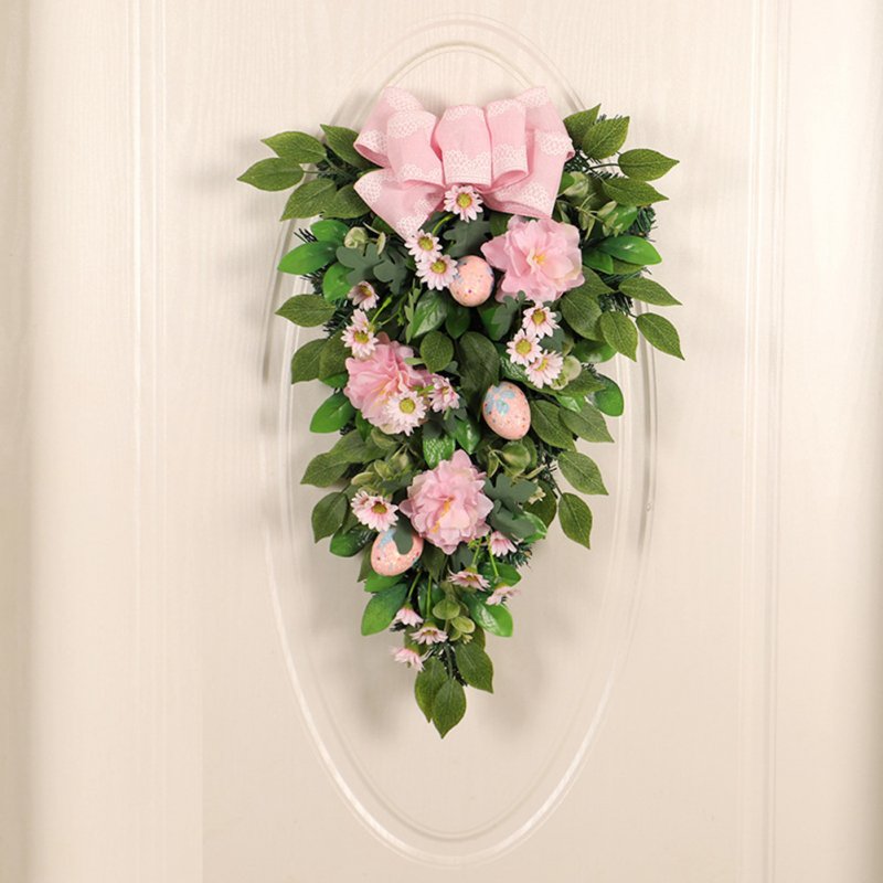 55cm Easter Faux Door Hanging Ornament With Bow Green Leaves Wreath For Indoor Outdoor Front Door Window Decor 