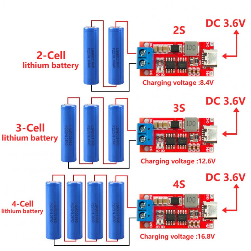 Multi-cell 2s 3s 4s Type-c Step-up Boost Lithium Battery Module Charger Dc 3-6v to 8.4v 12.6v 16.8v 