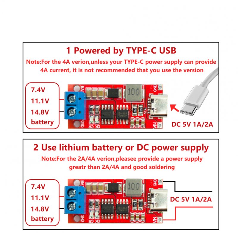 Multi-cell 2s 3s 4s Type-c Step-up Boost Lithium Battery Module Charger Dc 3-6v to 8.4v 12.6v 16.8v 