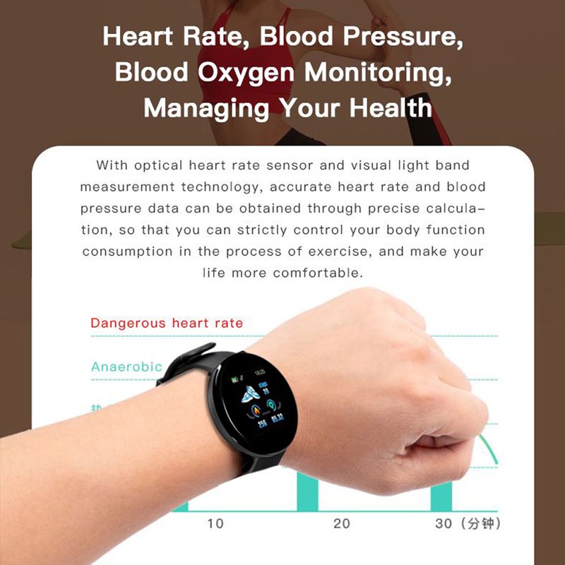 D18 Fitness Watch Smart Bracelet Heart Rate Monitor Blood Pressure Blood Oxygen Measurement Healthy Life Sleep Tracker for iOS Android Phone 