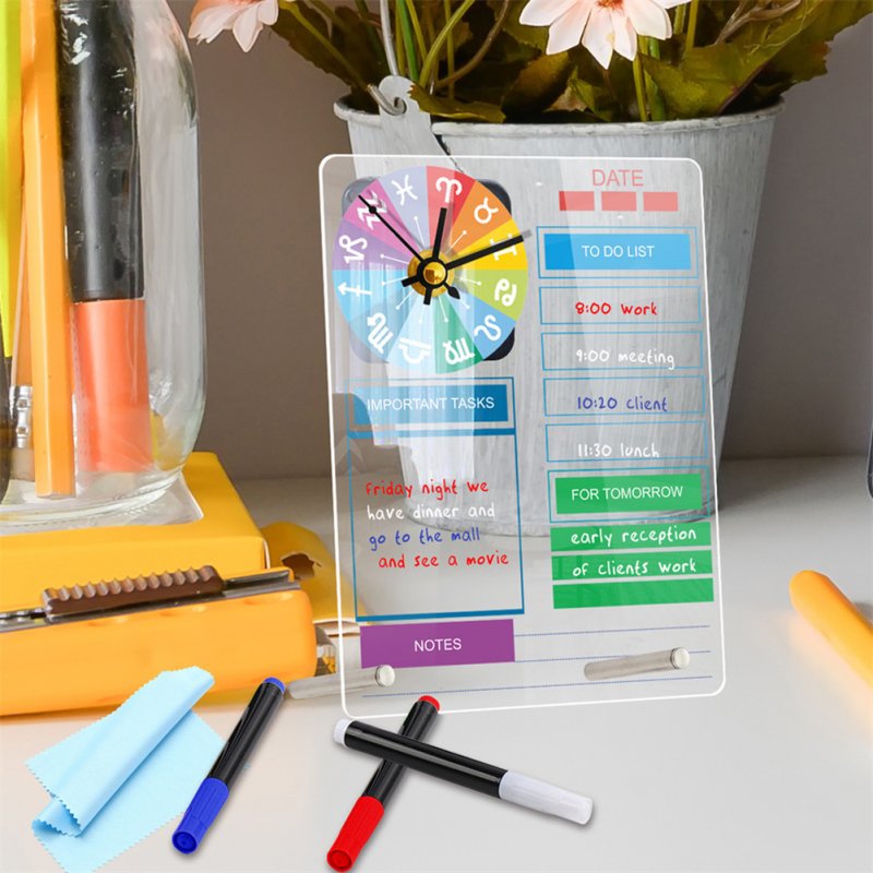 Acrylic Calendar With Wall Clock Includes 3 Erasable Markers Anti-sliding Anti-scratch Monthly Weekly Planner (15x20cm/6x7.9inch) 