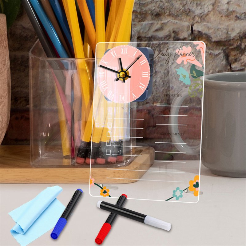 Acrylic Calendar With Wall Clock Includes 3 Erasable Markers Anti-sliding Anti-scratch Monthly Weekly Planner (15x20cm/6x7.9inch) 