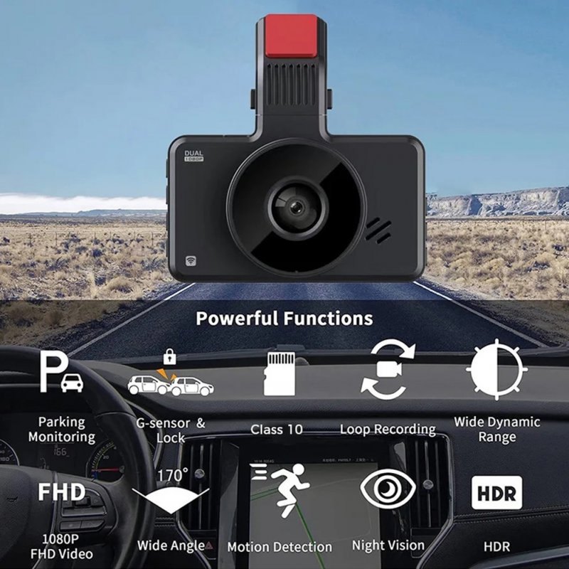 Dash Cam Front Rear Dual Lens HD 1080P 140 Degree Dash Camera 3-Inch Ips Screen G-Sensor Loop Recording 