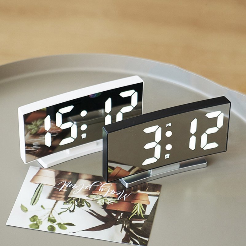 Led Digital Alarm Clock Electronic Large Display Curved Screen Desk Clock with Power Off Memory Function