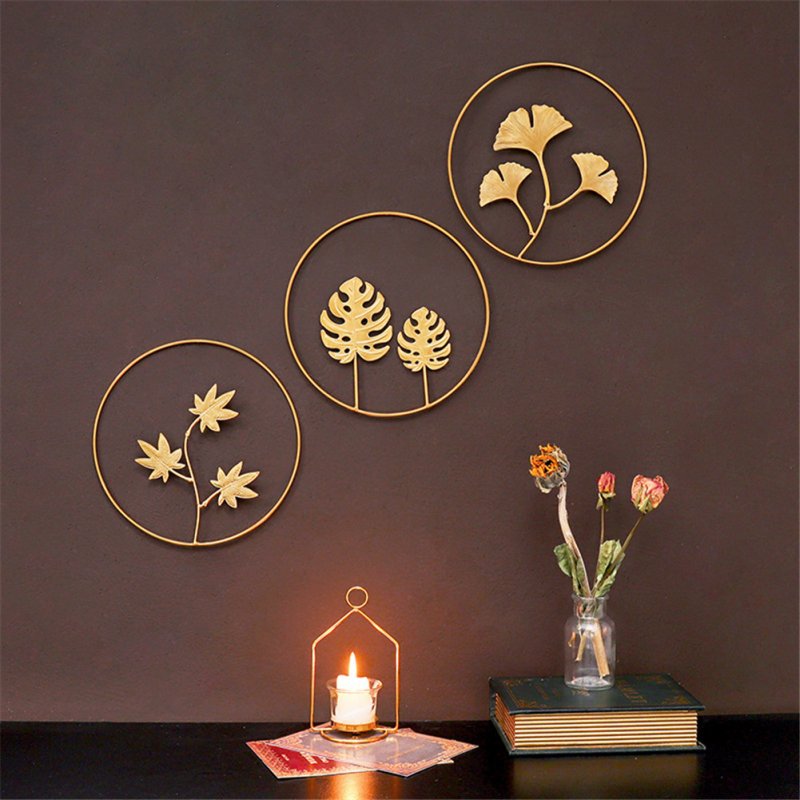 Gold Metal Ginkgo Leaf Shape Wall Decor Round Wall Ornaments for Bedroom Hanging Parts Hotel Wall Decoration 