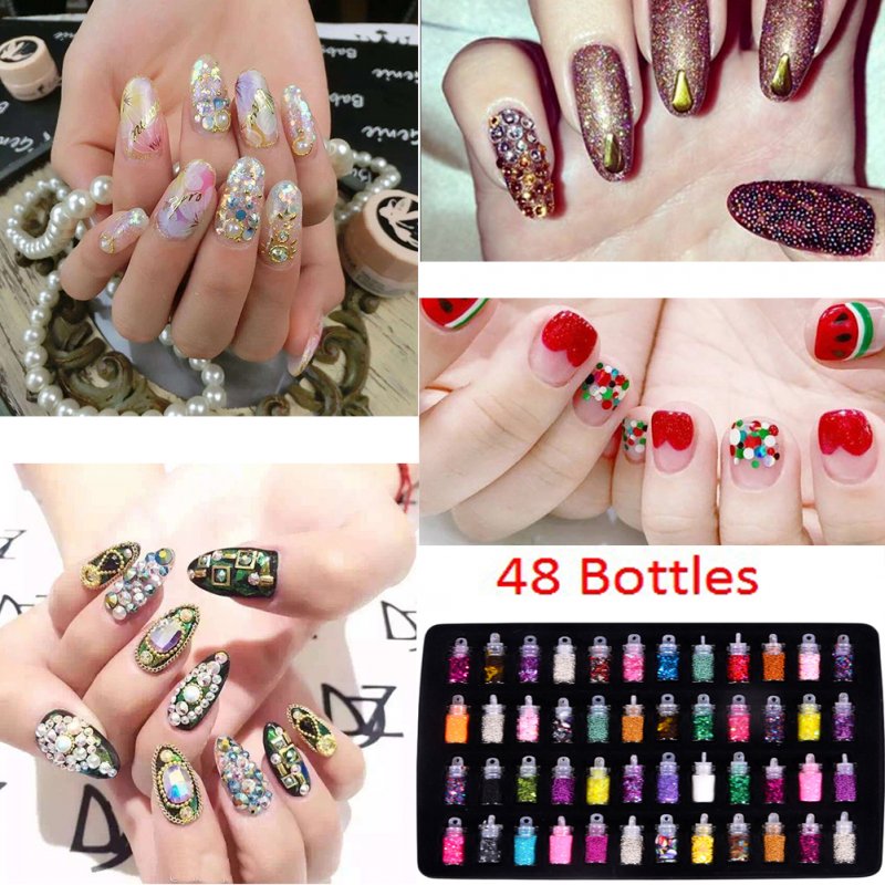 48 Bottles DIY 3D Crystal Nail Art Powder Sequins Glitter Manicure Tips Set Beauty Random Style