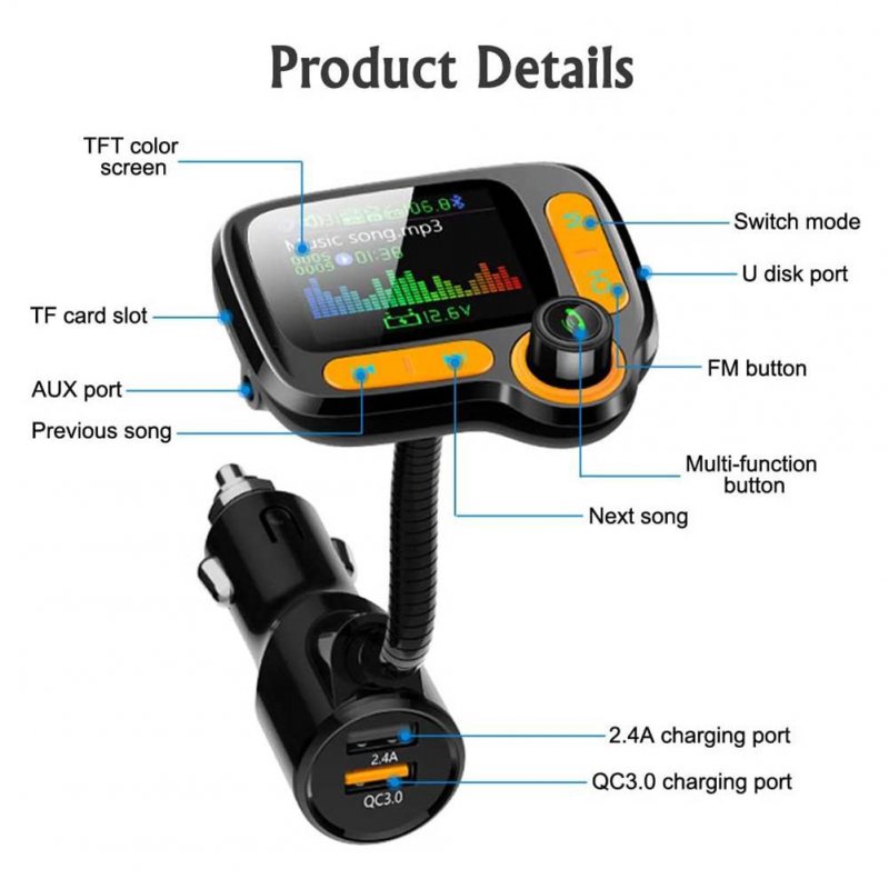 FM Transmitter Car Wireless Adapter Qc3.0 Charger Bluetooth 5.0 