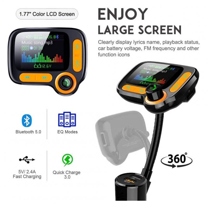 FM Transmitter Car Wireless Adapter Qc3.0 Charger Bluetooth 5.0 