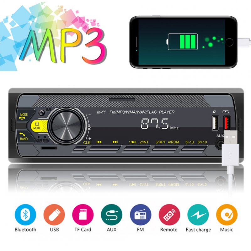 1 Din Car Radio Stereo Bluetooth Receiver Fast Charging Jack Colorful Buttons Mp3 Multimedia Player 