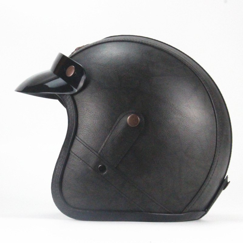3/4 Open Face Motorcycle Helmets Breathable Sun Visor Adjustable Strap Retro Vintage Helmet Black (With Brim) M
