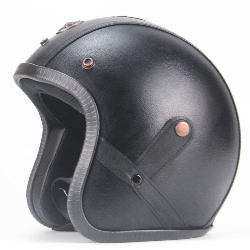 3/4 Open Face Motorcycle Helmets Breathable Sun Visor Adjustable Strap Retro Vintage Helmet Black (With Brim) M