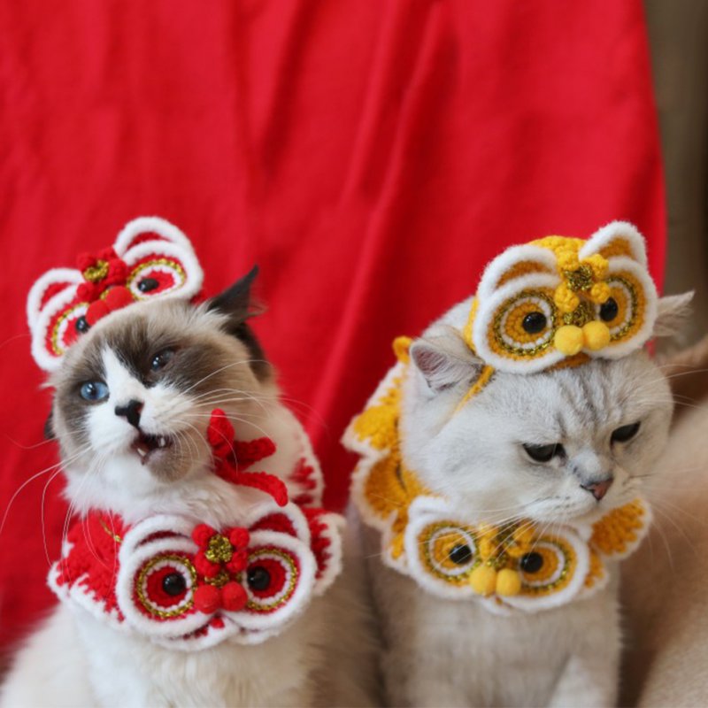 Pet Decorative Collar Hat Chinese New Year Nationsl Style Dress Up for Cats Dogs Yellow Collar M