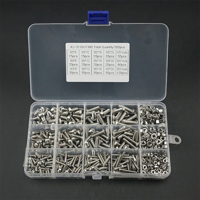 500pcs Screw With Nut Combination Kit M3 M4 M5 304 Stainless Steel Round Head Hexagon Socket Screws Nut Set 