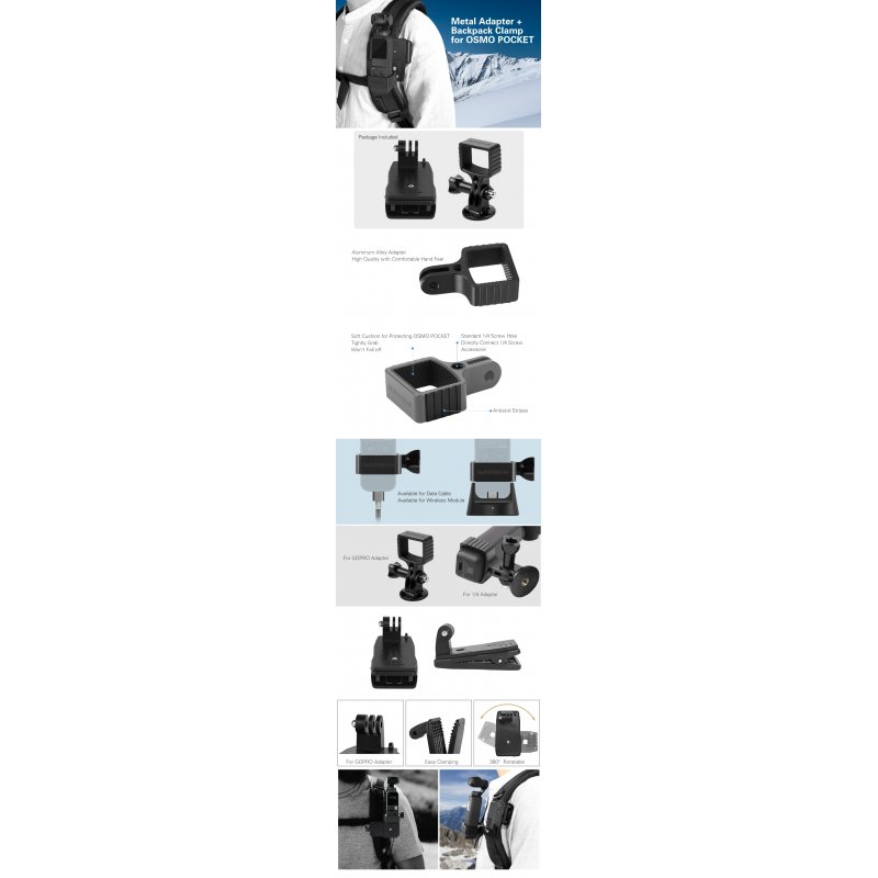 Aluminum Alloy Adapter Kit Backpack Bracket Clamp Clip Mount for DJI OSMO POCKET Gimbal GOPRO Camera 