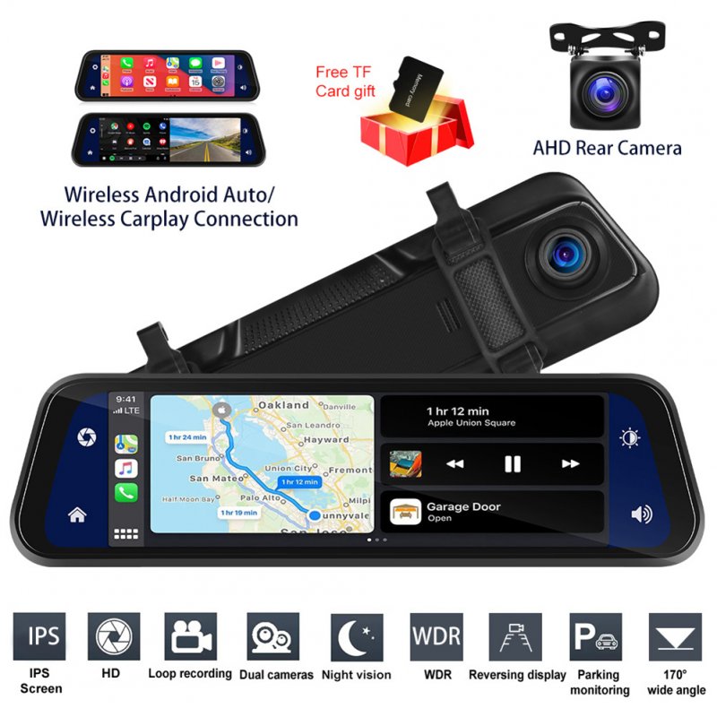 9.66-inch Car Multimedia Player FM Carplay 24 Hours Monitoring HD Touch-screen Display Video Recorder