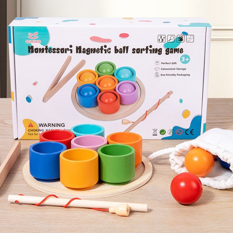 Wooden Magnetic Sorting Game 2-in-1 Balls Cups Colors Shapes Sorting Matching Fishing Game Educational Toys For Boys Girls Gifts 