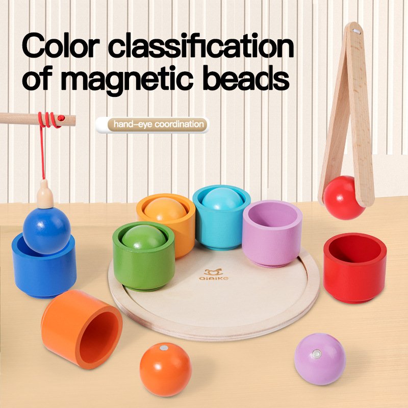 Wooden Magnetic Sorting Game 2-in-1 Balls Cups Colors Shapes Sorting Matching Fishing Game Educational Toys For Boys Girls Gifts 