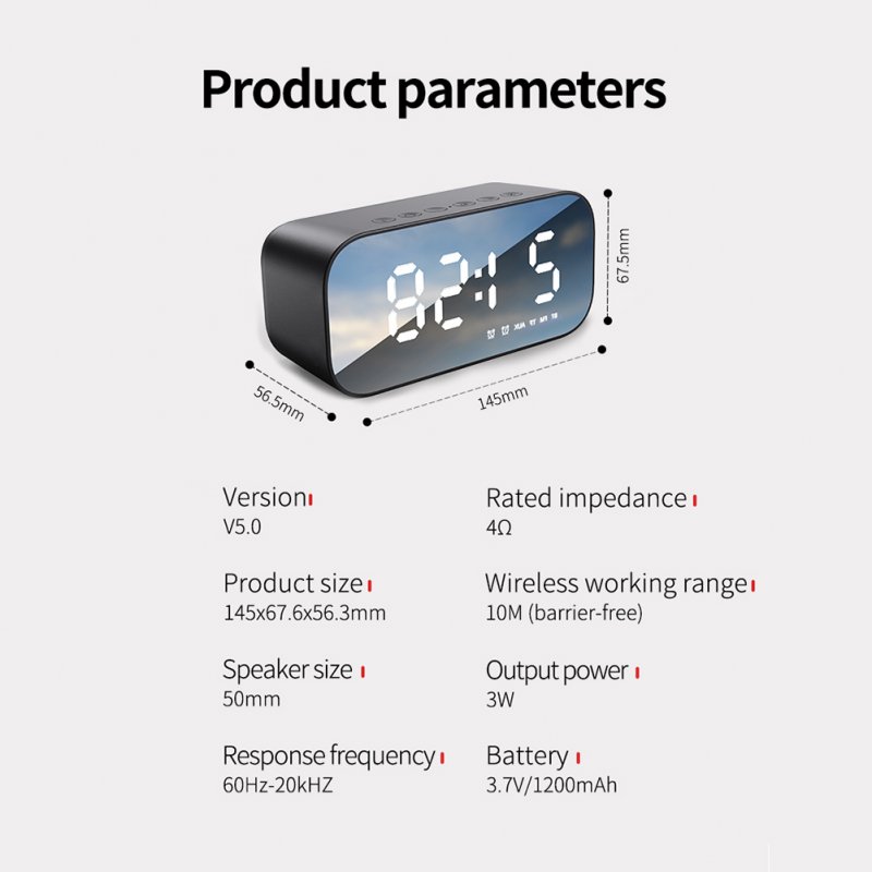 Bluetooth Speaker Alarm Clock Mirror Display Multi-functional Audio With Dual Alarm Mode 3-level Brightness 
