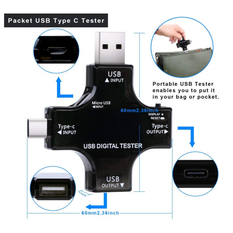Digital Voltmete Type-C/USB Tester Measuring Voltage Current Smart Amperemeter Ammeter Detector Overcurrent Protection Safety Charger Indicator 