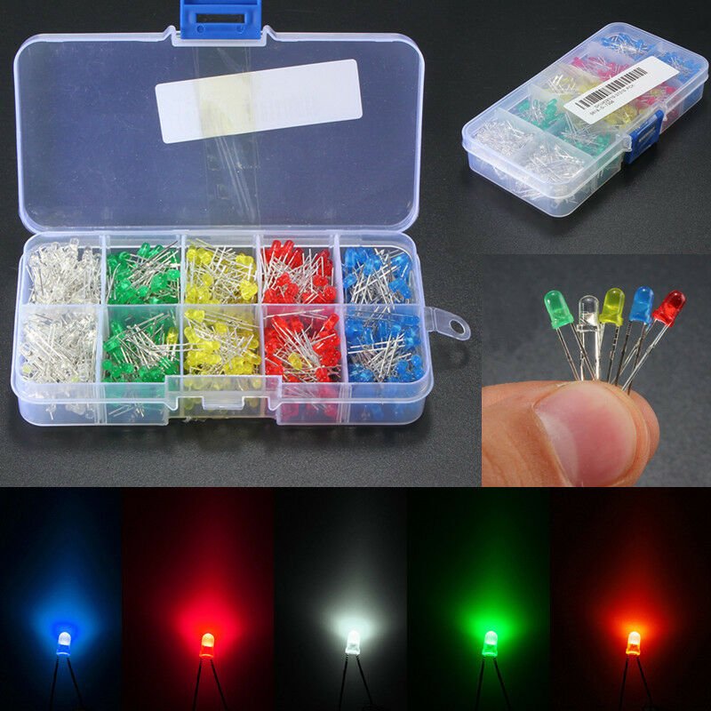 500Pcs 3mm LED Light White/Yellow/Red/Blue/Green Assortment Diodes DIY Kit  500 pcs/box