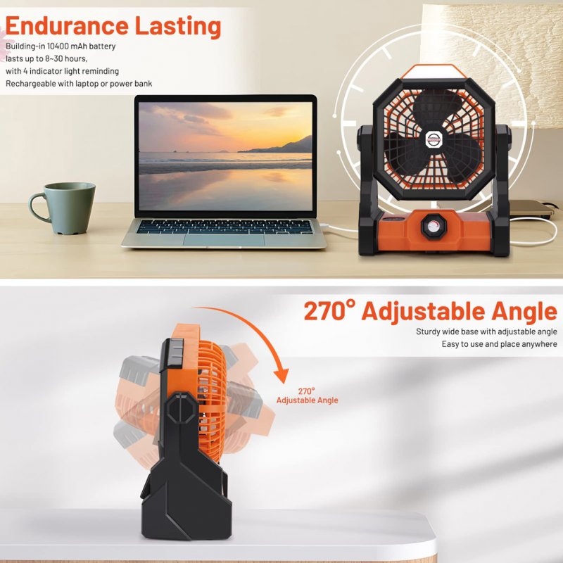 Camping Fan 10400mah Air Circulators Rechargeable Wireless Portable Table Electric Fan with Hook Orange