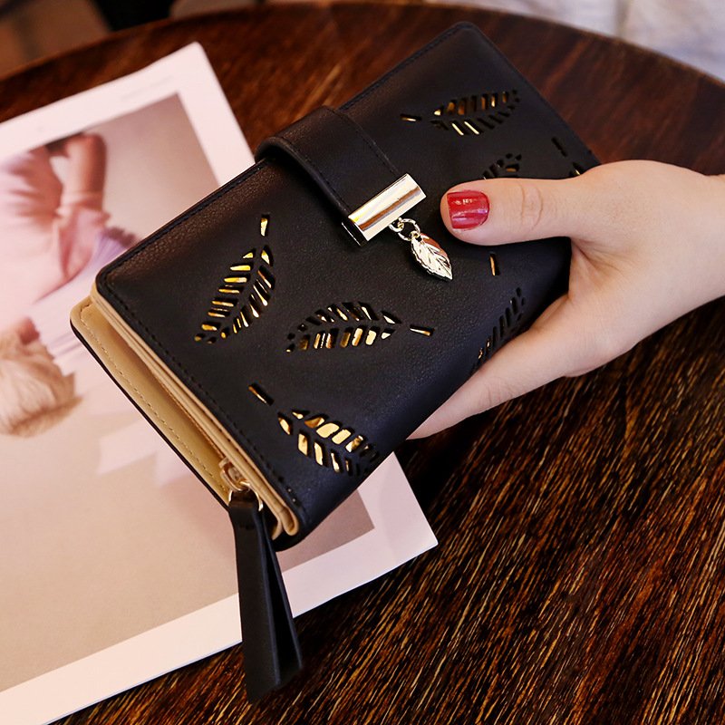 Women Hollow Out Leaf Long Clutch Purse Card Holder Bifold Leather Wallet