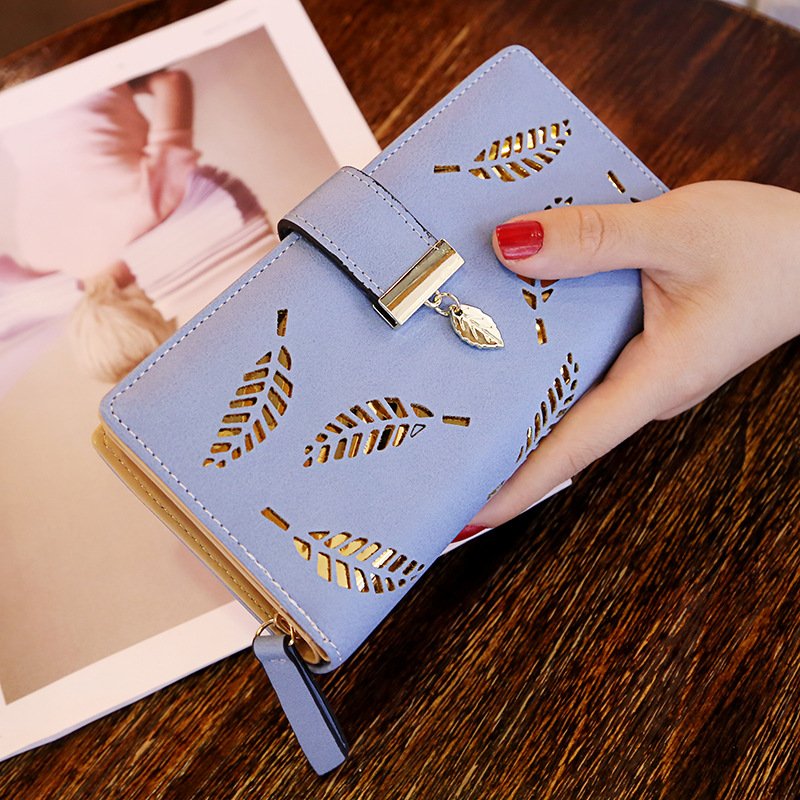 Women Hollow Out Leaf Long Clutch Purse Card Holder Bifold Leather Wallet