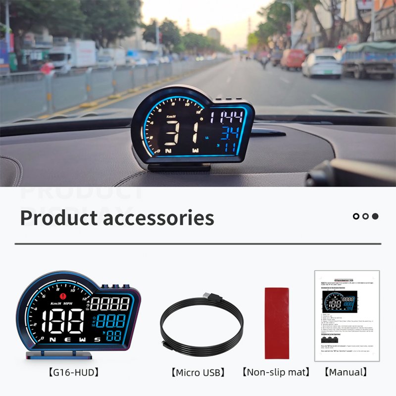 G16 Car Hud Head up Display Beidou + GPS Dual System Smart Gauge Display with Kmh Mph Overspeed Alarm Compass 