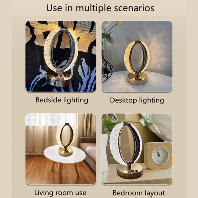 Led Crystal Table Lamp Portable O-shaped Dimmable Desk Lamp Night Light for Home Bedroom Bedside Decoration Go