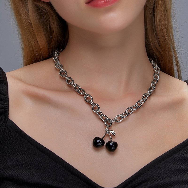 Women's Necklace Black Cherry Pendant Coarse Chain Clavicle Necklace 