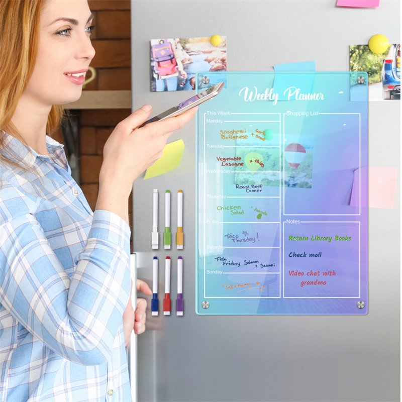 Magnetic Acrylic Calendar For Fridge Colorful Weekly Planner Reusable Memo Note Whiteboard With 6 Markers For School Home Office 