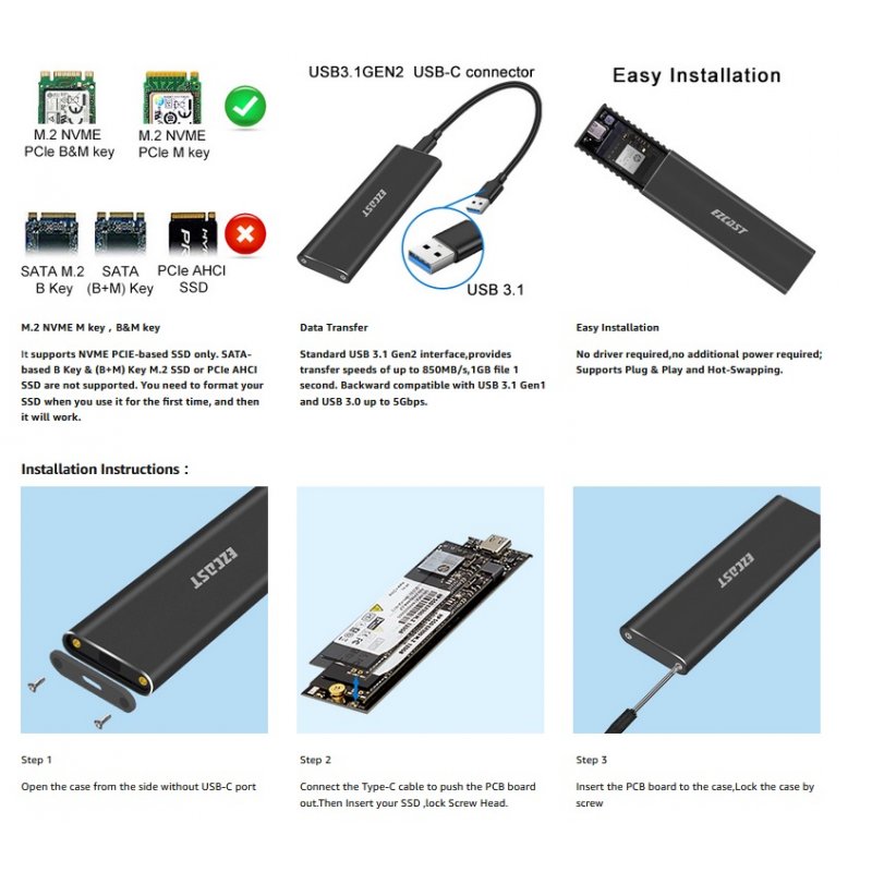 M.2 NVME SSD Enclosure Adapter USB 3.1 Gen 2 to NVME PCI-e m-Key Solid State Drive External Enclosure USB C Support UASP for NVME SSD Size 2230/2242/2260/2280  