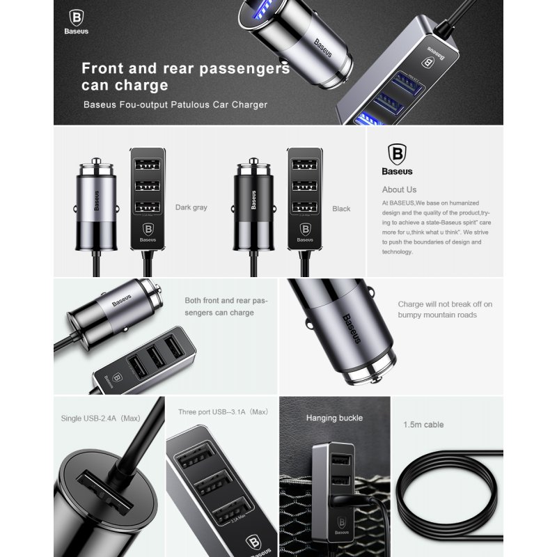 Baseus Car USB Charger 4 Ports Output Car Charger Mobile Phone Charger for iPhone X 8 7 6 Samsung Xiaomi Charger 