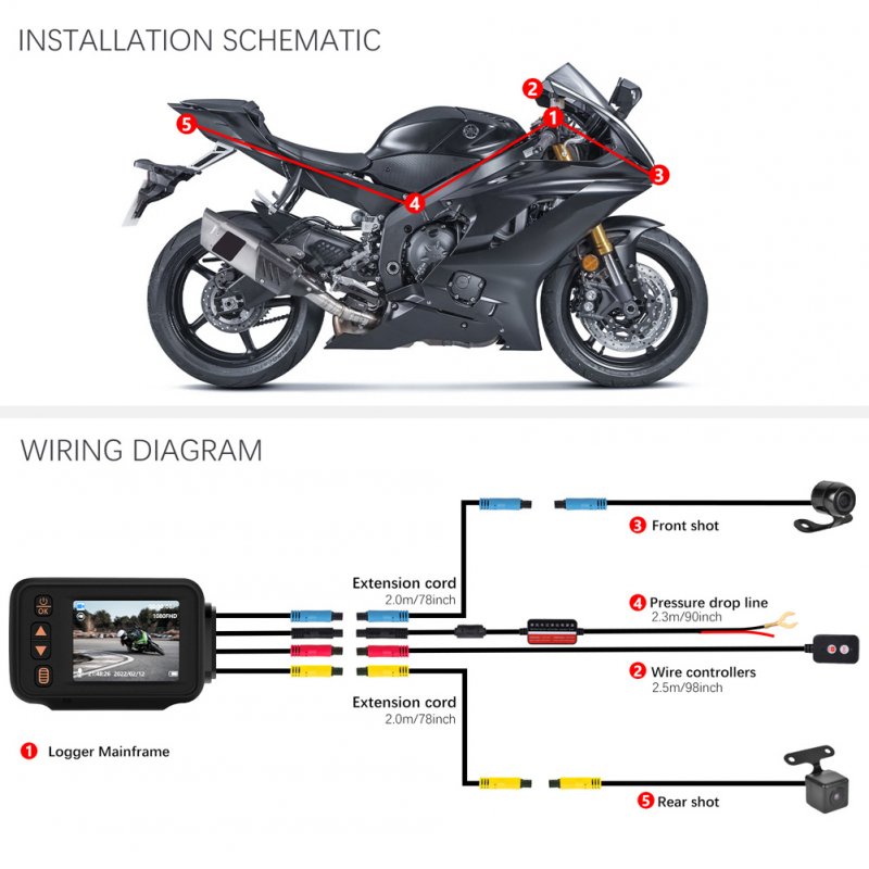 2-inch Motorcycle Driving Recorder IP65 Waterproof 1080P/720P Front Rear Dual Camera Dash Cam G-Sensor Loop Recording 