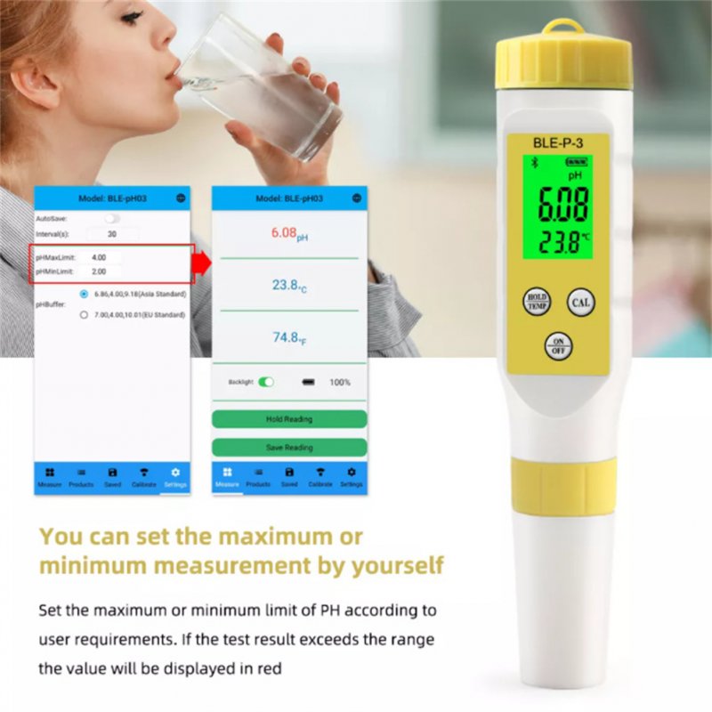 P-3 Ph Test Pen Bluetooth High-precision Acidity Alkalinity Water Quality Tester for Drinking Water Aquariums