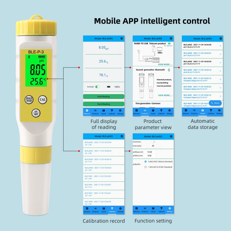 P-3 Ph Test Pen Bluetooth High-precision Acidity Alkalinity Water Quality Tester for Drinking Water Aquariums