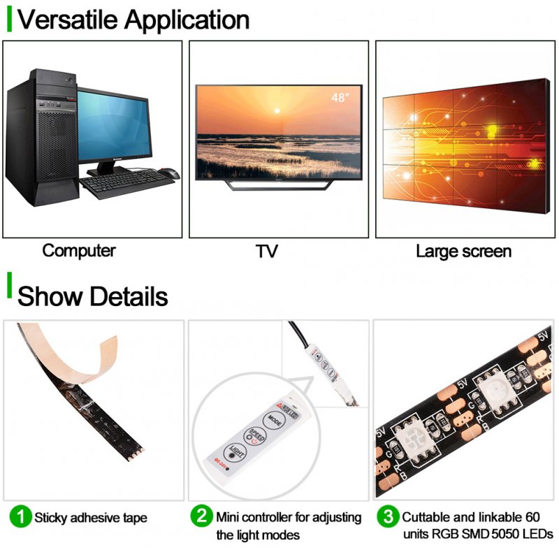 1M/3.28FT TV Back Strip Light 60 LED Bulbs USB Power RGB Multi-color