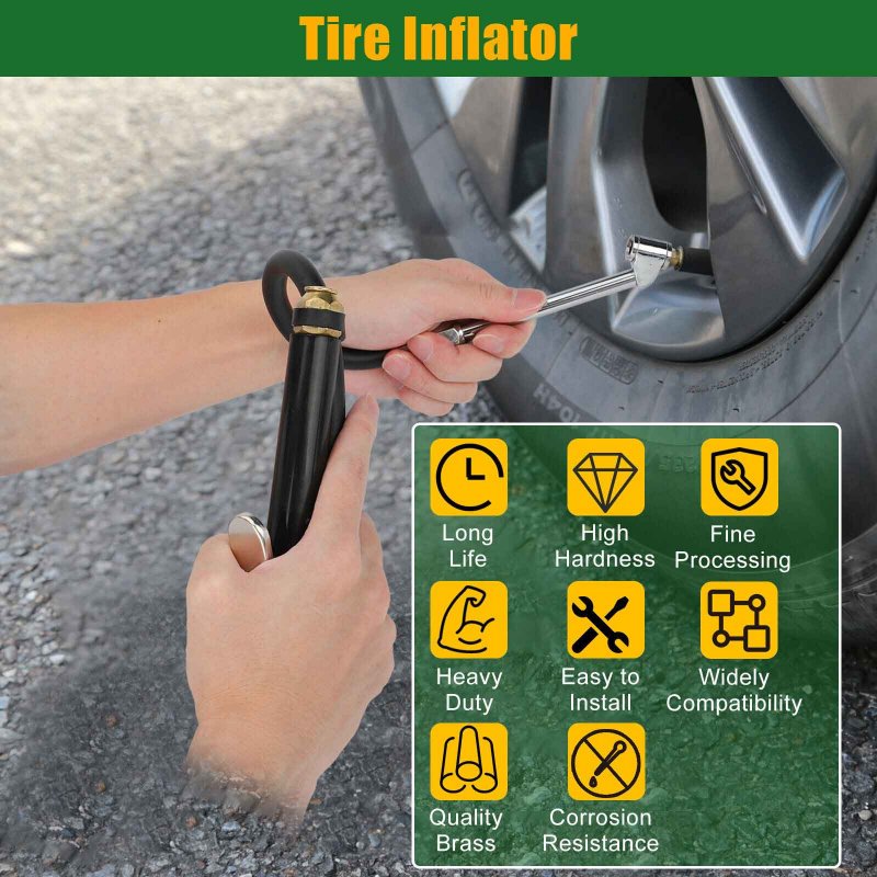 Air Tire Inflator With Pressure Gauge 120 PSI 6 Inch Dual Head Chuck 12 Inch Heavy Duty Rubber Hose 1/4 Inch NPT Internal Threaded Inlet 