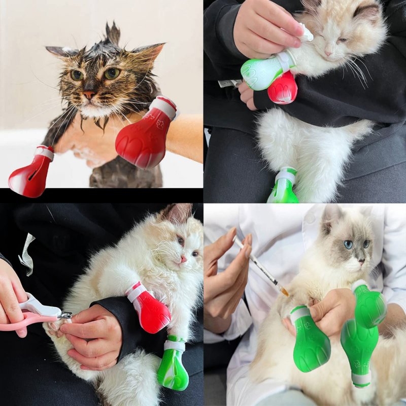 4pcs Pet Cat Silicone Foot Cover Washable Anti-scratch Contrast Color Paw Protector Boot Pet Supplies 