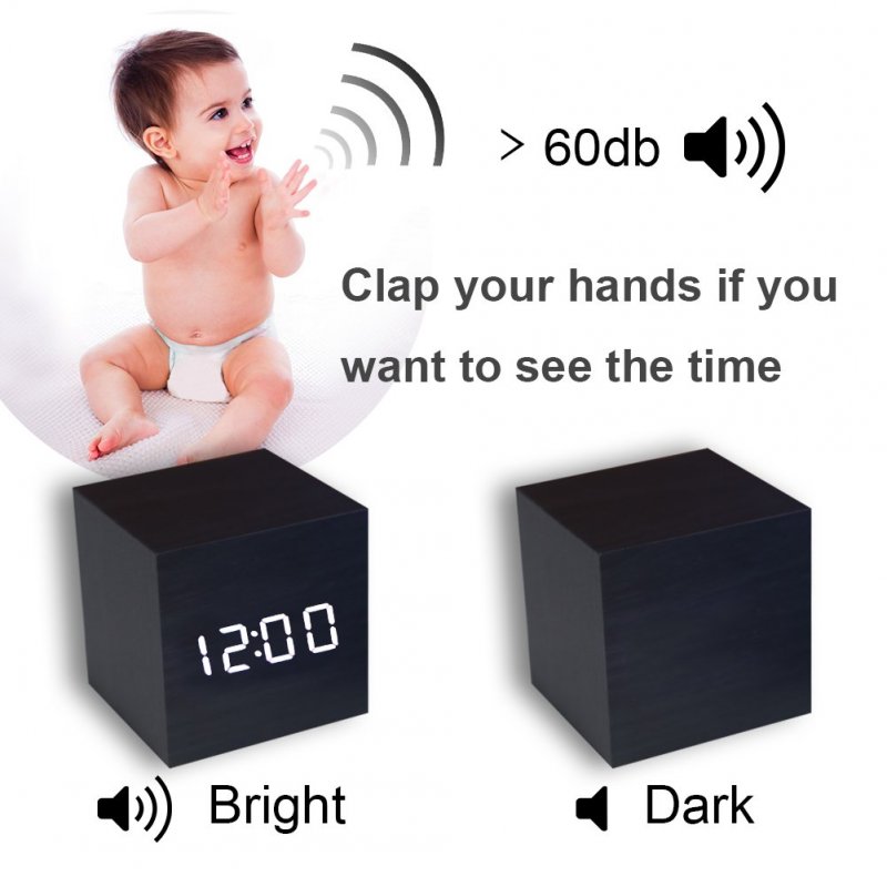 Wooden Digital Alarm Clock LED Light Multifunctional Modern Cube Displays Date Temperature for Home Office 